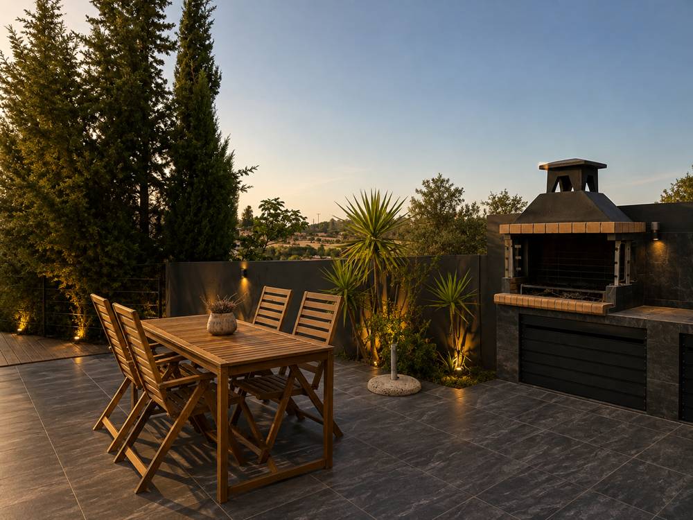 Coin repas extérieur et barbecue intégré