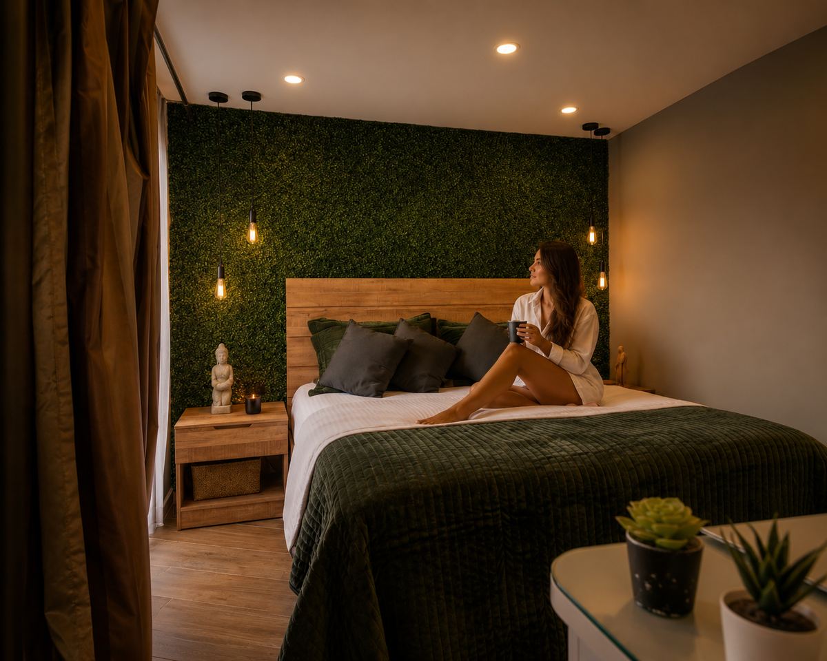 Chambre avec mur végétal et lit orienté vers la terrasse