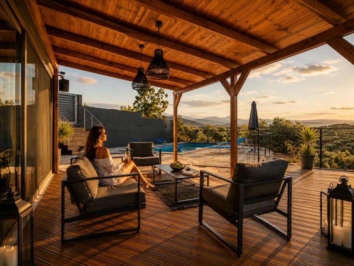 Terrasse couverte avec salon, piscine et vue sur les montagnes
