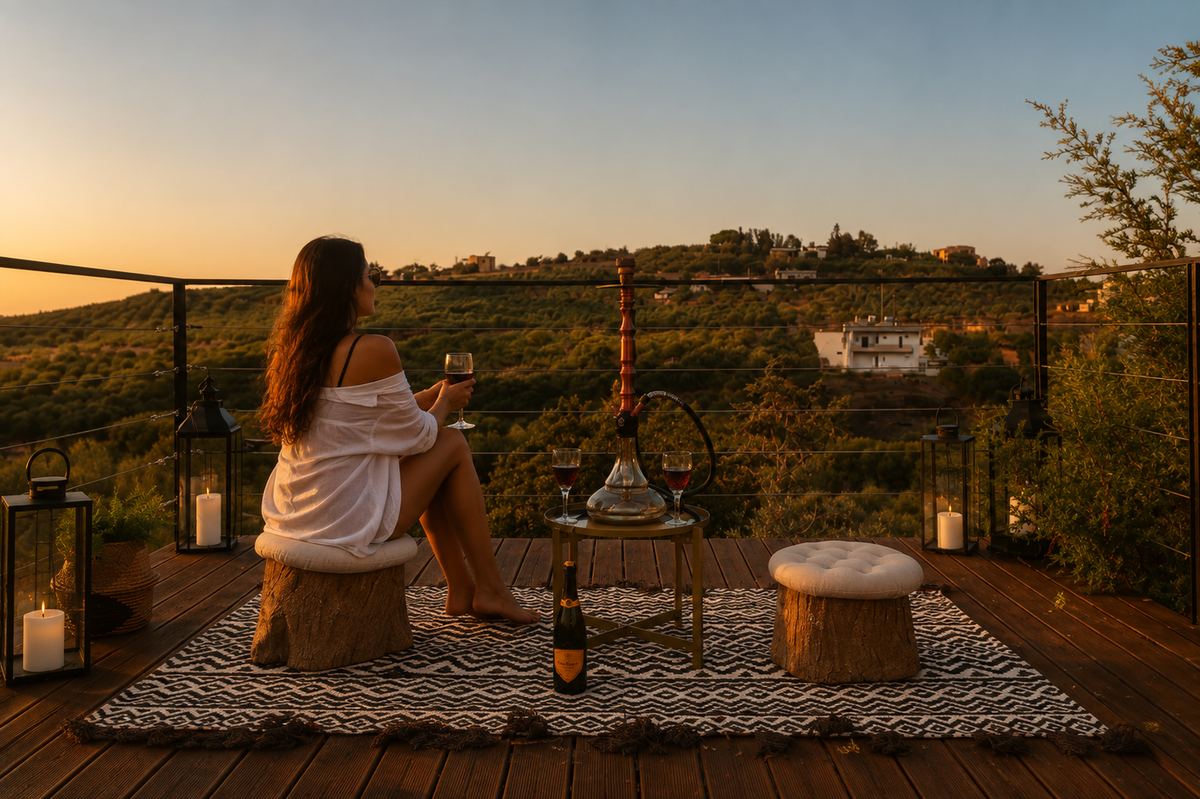 Coin de la terrasse au coucher du soleil avec lanternes et chicha