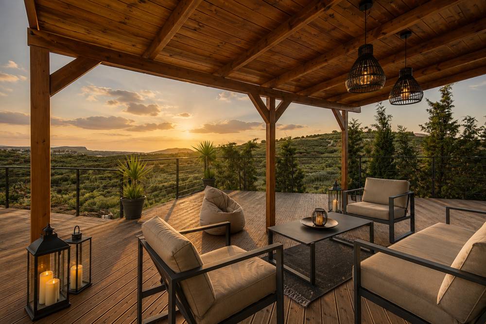 Salon sur la terrasse couverte au coucher du soleil sur les oliveraies